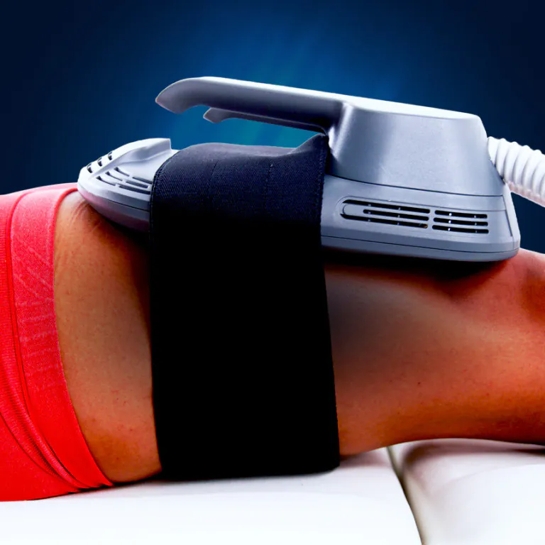 EMSCULPT NEO treatment photograph, Square Mile Clinic, City of London EMSCULPT NEO body treatment with a strapped applicator, available at Square Mile Clinic, City of London